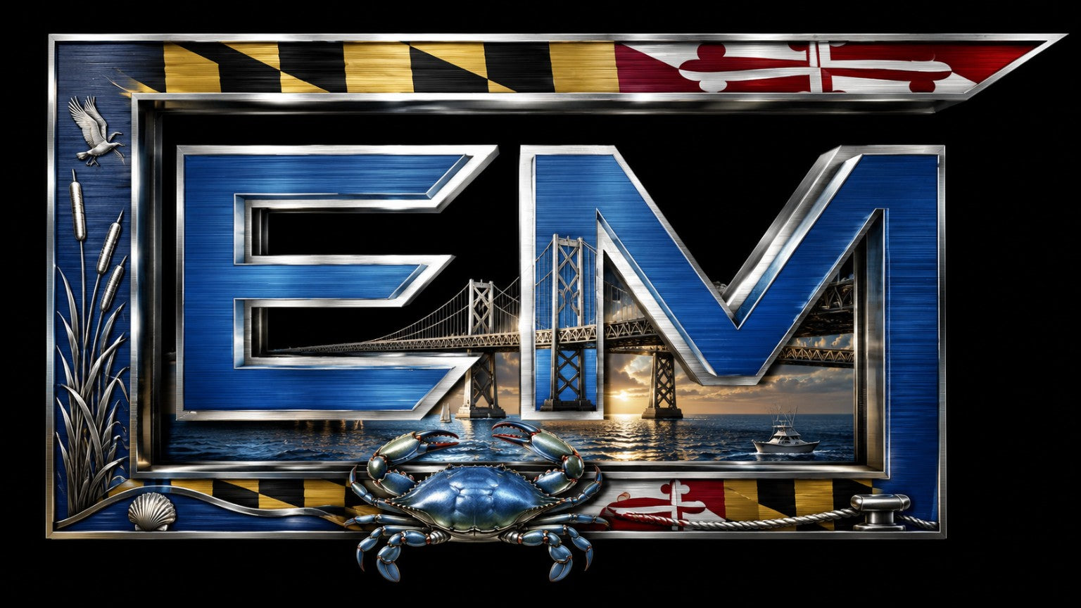 Chesapeake Bay Collection Elite Metalworking EM logo with Bay Bridge, Maryland flag, blue crab, and coastal metal theme