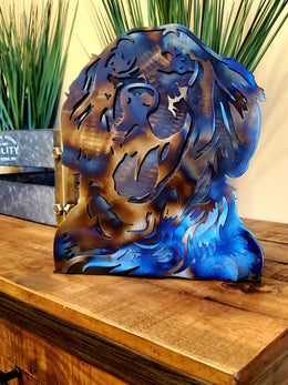 Freestanding metal dog portrait displayed on a tabletop base by Elite Metalworking