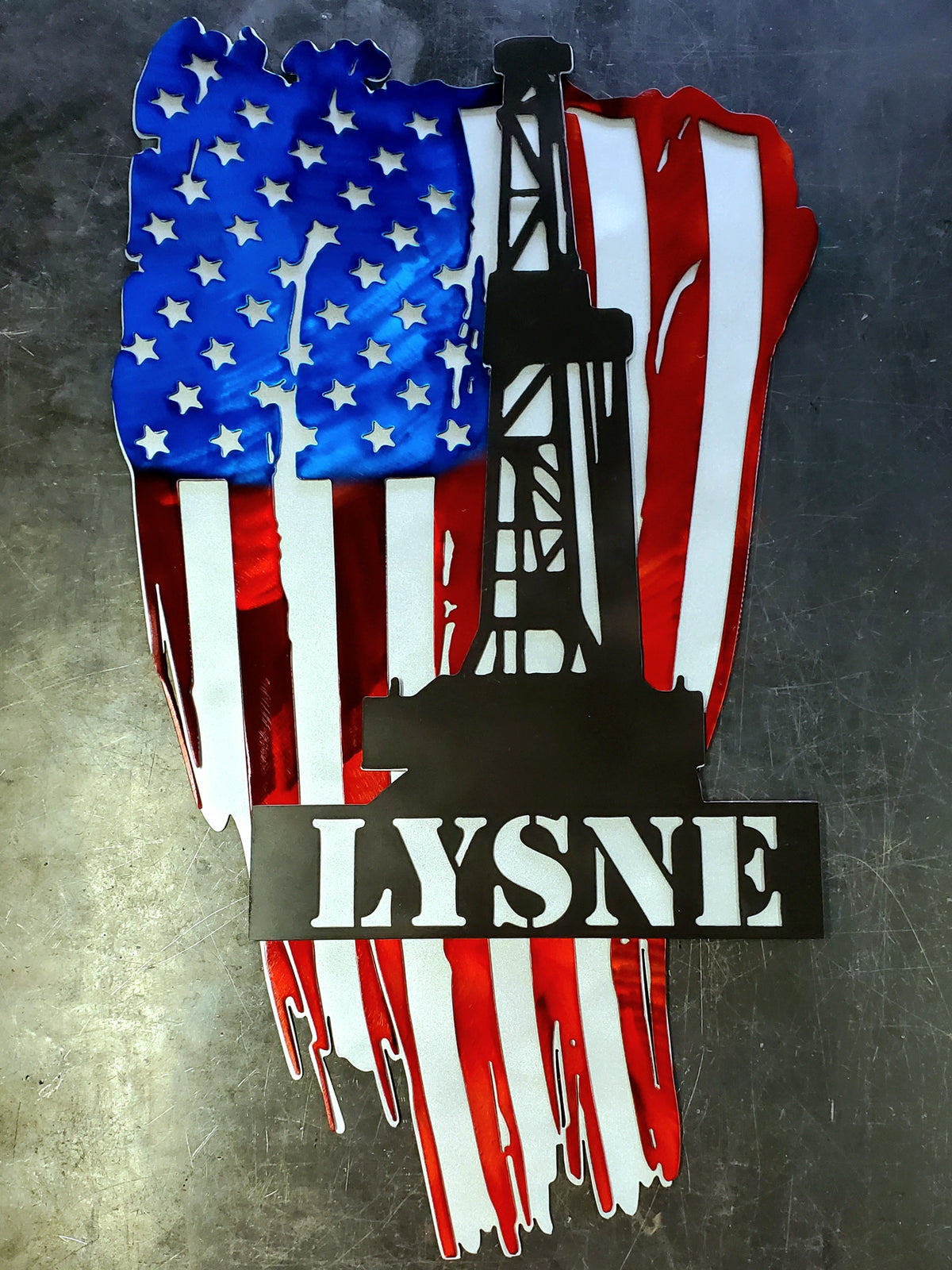 American flag and oil derrick name sign by Elite Metalworking
