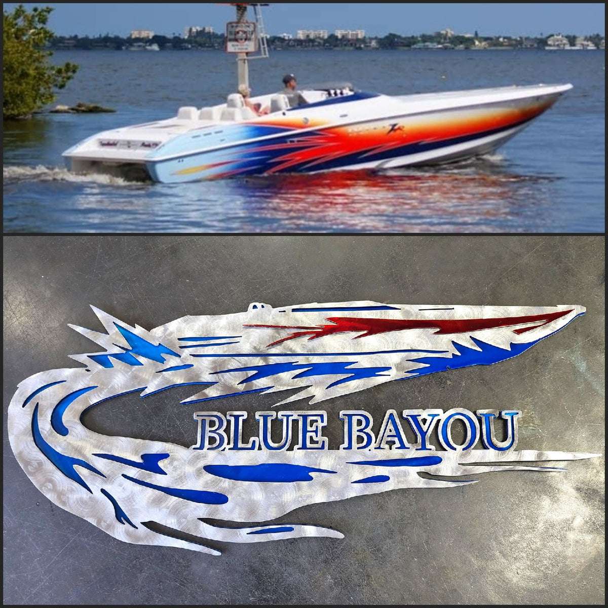 Blue Bayou boat photo and metal sign by Elite Metalworking