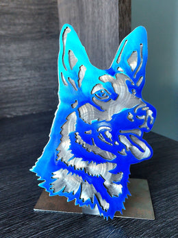 Freestanding metal dog portrait displayed on a tabletop base by Elite Metalworking