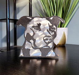 Freestanding metal dog portrait displayed on a tabletop base by Elite Metalworking