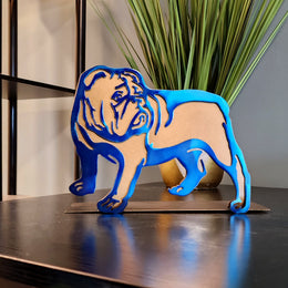 Freestanding metal dog portrait displayed on a tabletop base by Elite Metalworking