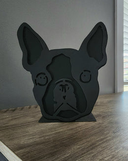 Freestanding metal dog portrait displayed on a tabletop base by Elite Metalworking