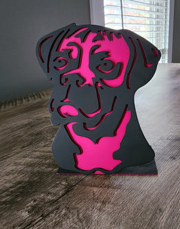 Freestanding metal dog portrait displayed on a tabletop base by Elite Metalworking