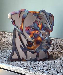 Freestanding metal dog portrait displayed on a tabletop base by Elite Metalworking