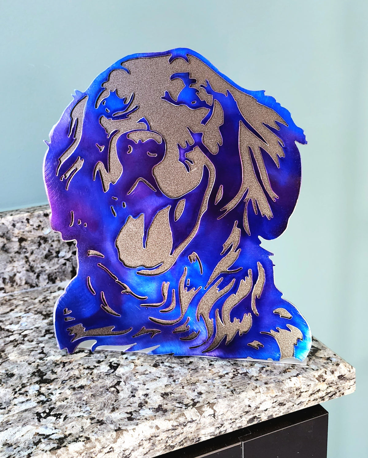 Freestanding metal dog portrait displayed on a tabletop base by Elite Metalworking