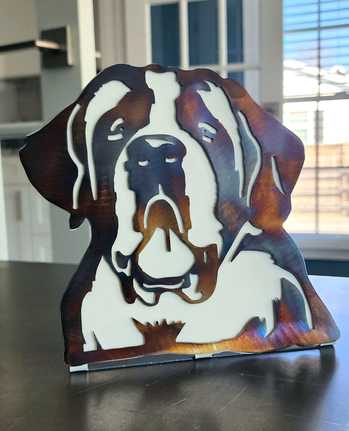 Freestanding metal dog portrait displayed on a tabletop base by Elite Metalworking