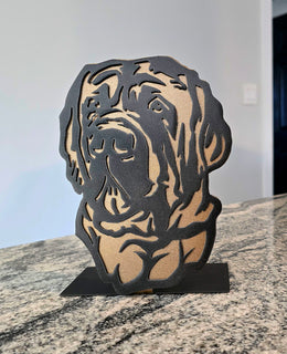 Freestanding metal dog portrait displayed on a tabletop base by Elite Metalworking