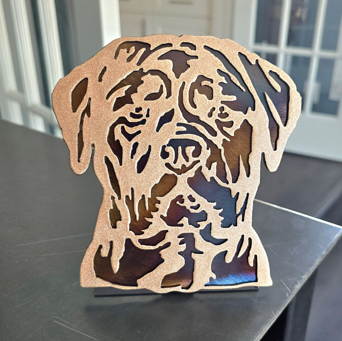 Freestanding metal dog portrait displayed on a tabletop base by Elite Metalworking