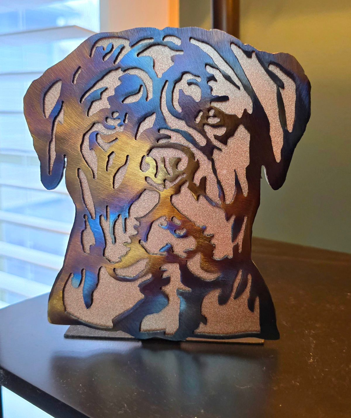 Freestanding metal dog portrait displayed on a tabletop base by Elite Metalworking