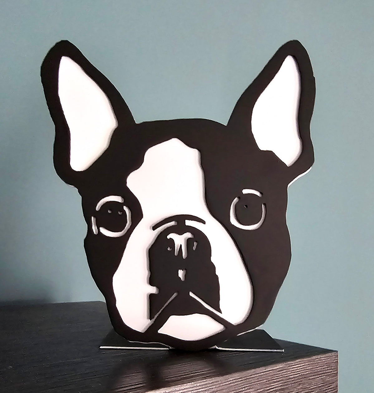 Freestanding metal dog portrait displayed on a tabletop base by Elite Metalworking
