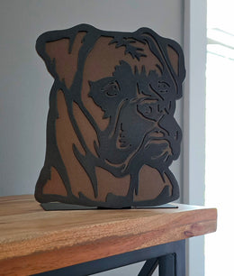Freestanding metal dog portrait displayed on a tabletop base by Elite Metalworking