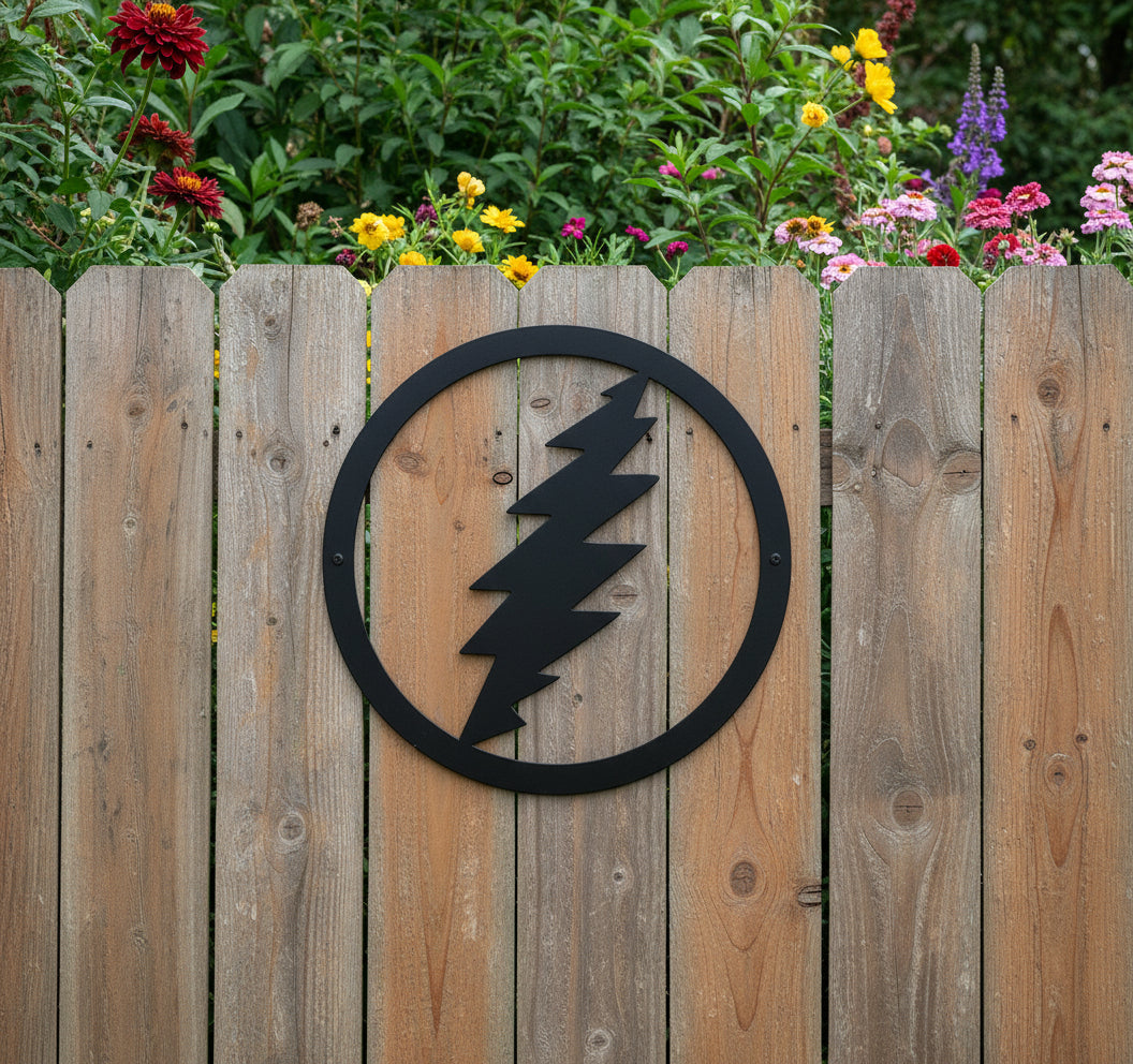 Black lightning bolt symbol in a circle on a textured gray background