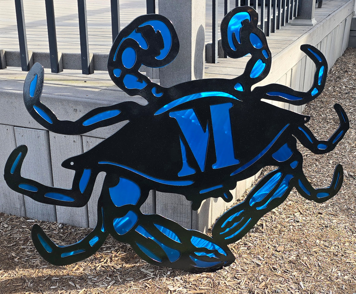 Blue crab and monogram wall art by Elite Metalworking