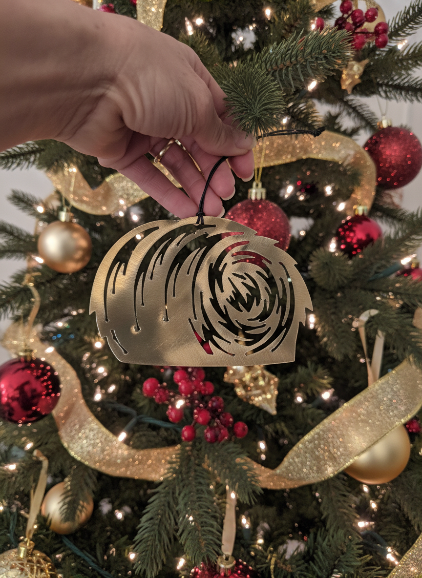 Hand holding a decorative ornament against a Christmas tree with lights and ornaments.