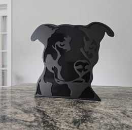 Freestanding metal dog portrait displayed on a tabletop base by Elite Metalworking