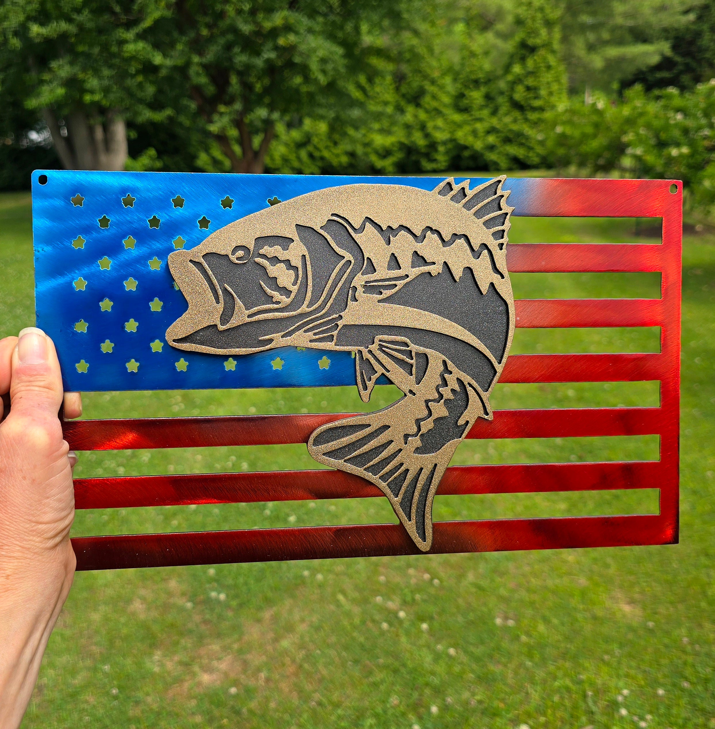 Largemouth Bass American Flag Metal Wall Art- Sale
