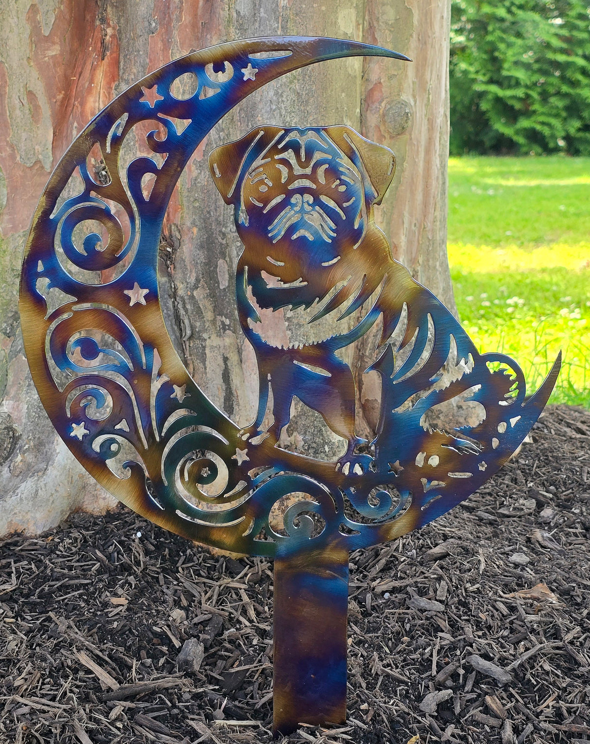 Metal dog-on-the-moon garden stake with decorative swirls by Elite Metalworking