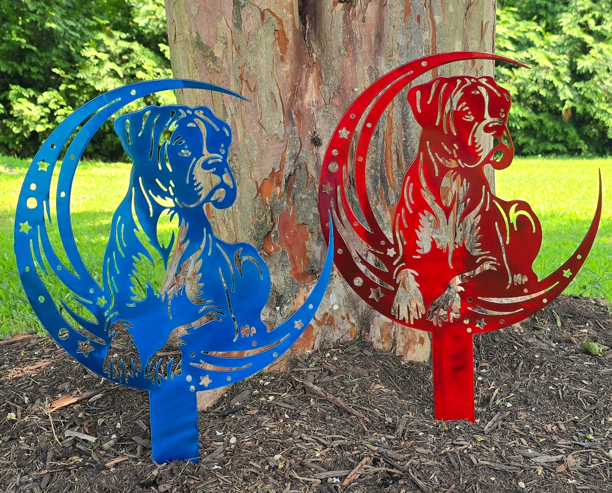 Blue and red dog-on-the-moon garden stakes by Elite Metalworking