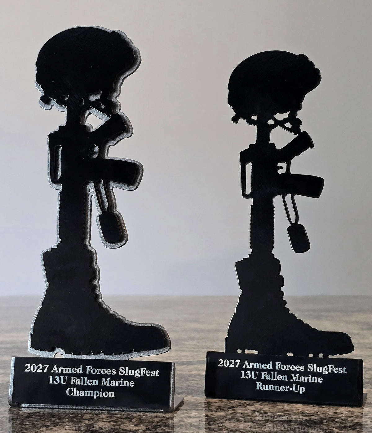 Black battlefield-cross memorial awards with engraved plates by Elite Metalworking