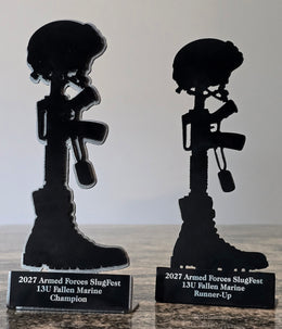 Black battlefield-cross memorial awards with engraved plates by Elite Metalworking