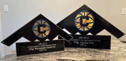 Pair of triangular military awards with engraved plates by Elite Metalworking
