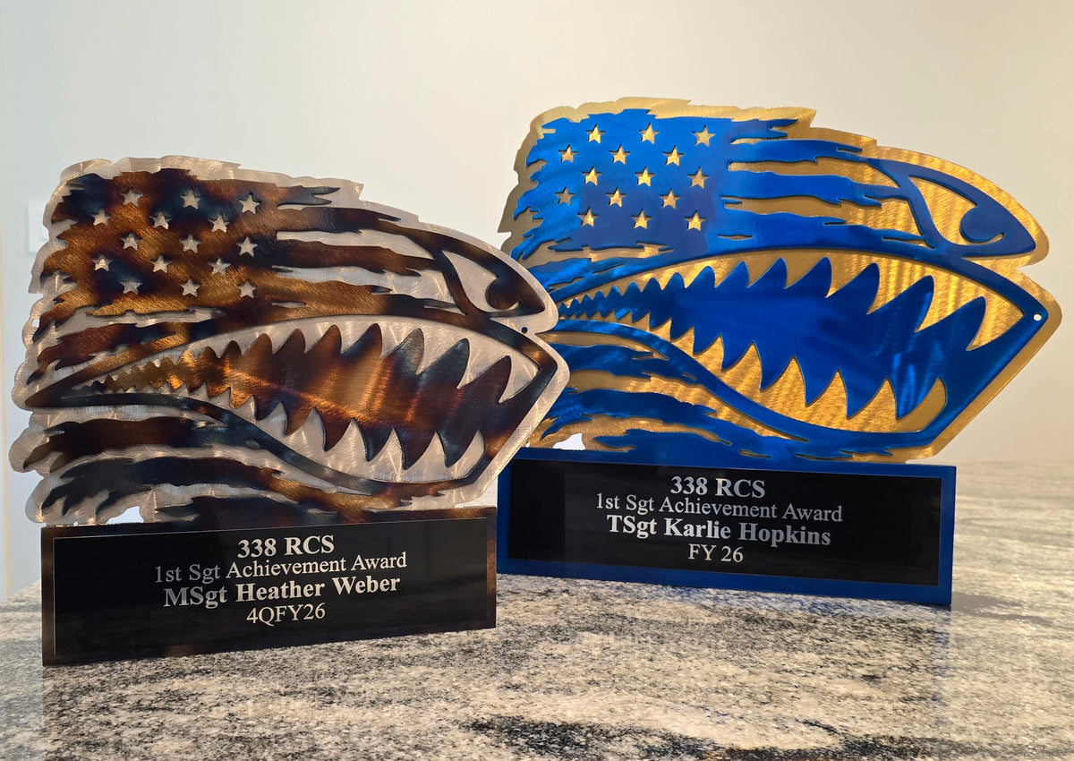 Two American flag shark-head achievement awards with engraved plates by Elite Metalworking