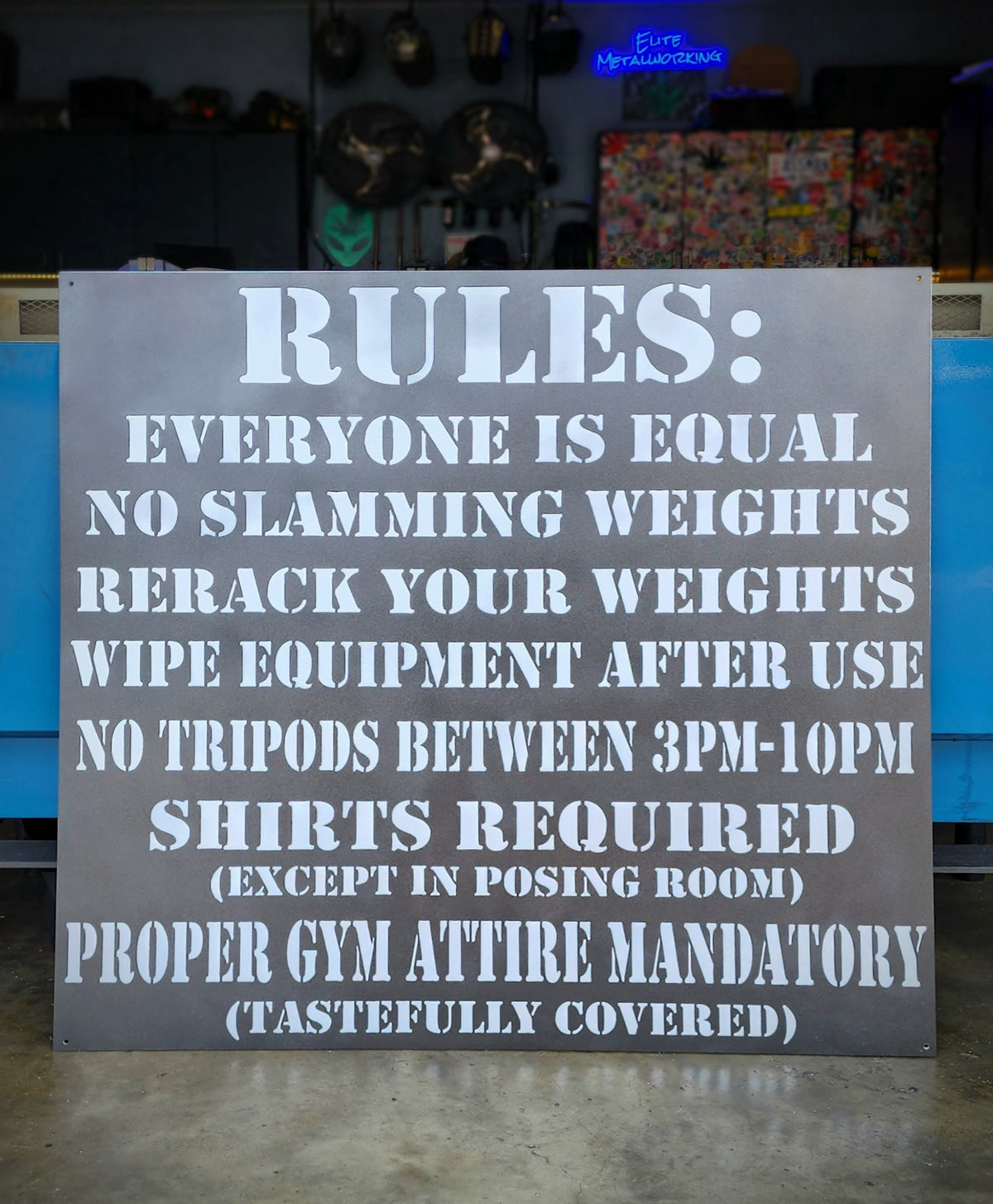 Custom metal gym rules sign with cut lettering and a powder coated finish