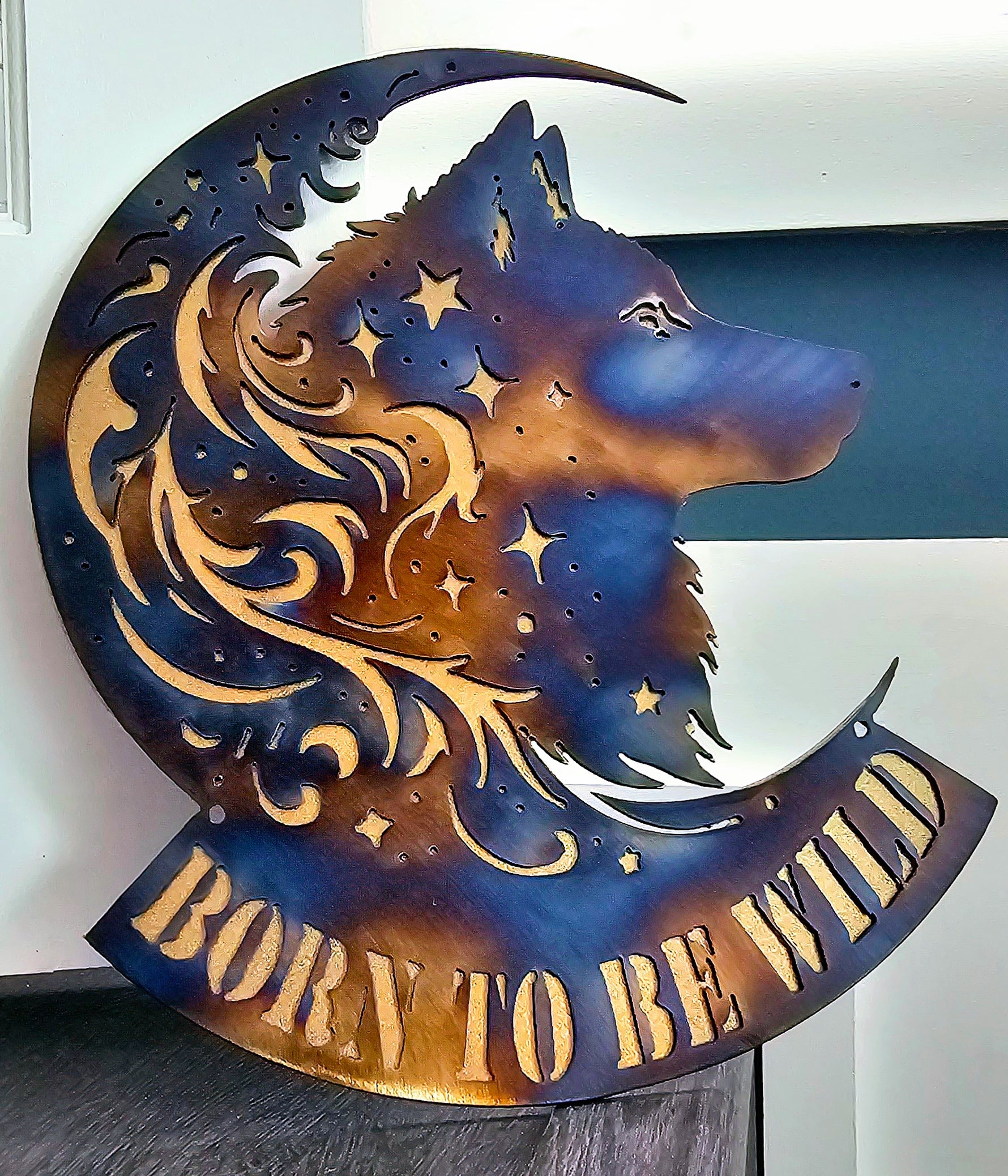 Wolf Hybrid "On The Moon" Metal Art