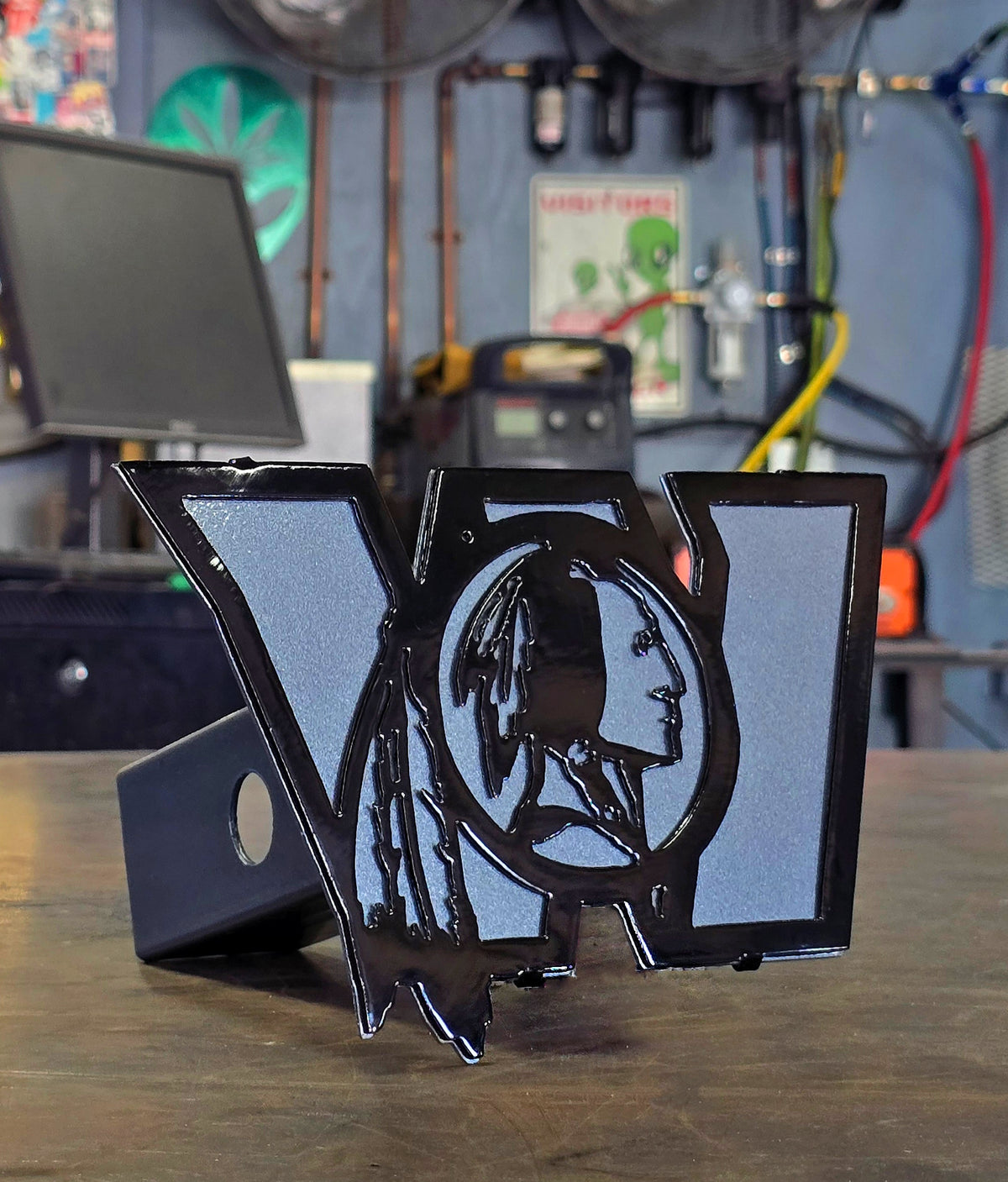 Sports-style custom metal hitch cover for 2 inch and 2.5 inch receivers