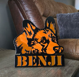 Freestanding metal dog portrait displayed on a tabletop base by Elite Metalworking