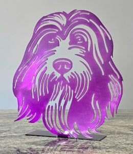 Freestanding metal dog portrait displayed on a tabletop base by Elite Metalworking