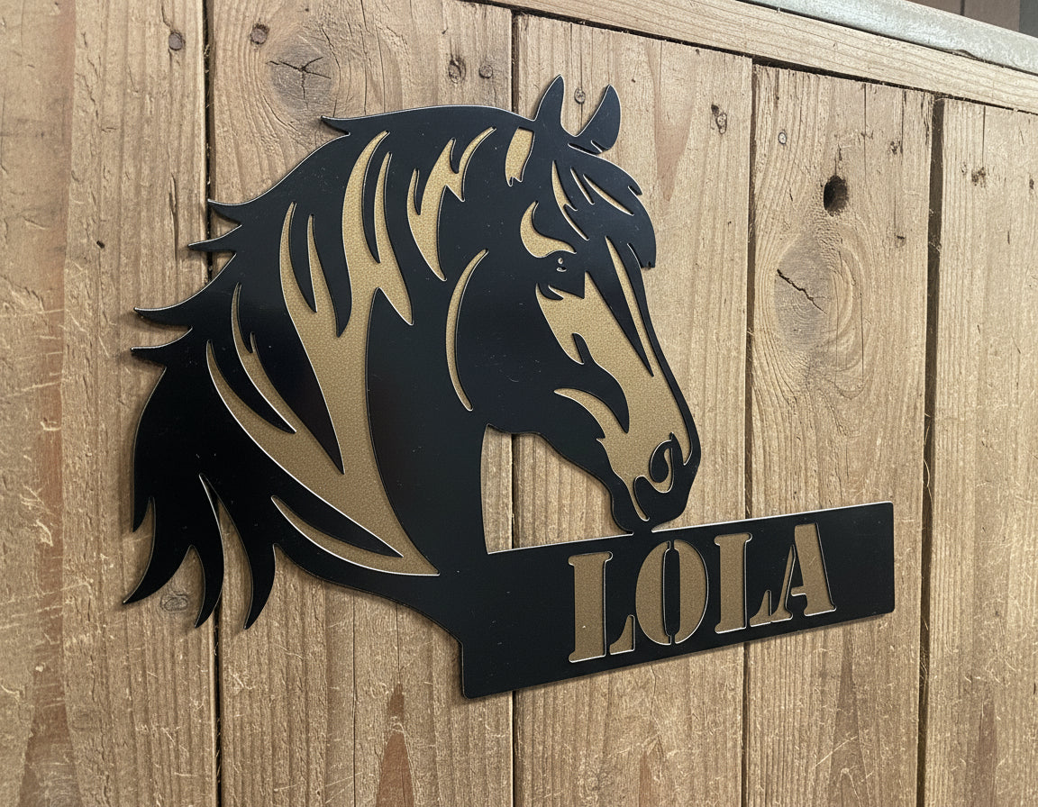 Metallic horse head with 'LOLA' text on a textured surface
