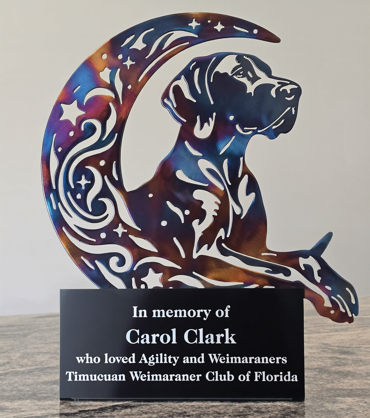 Dog-on-the-moon memorial plaque by Elite Metalworking