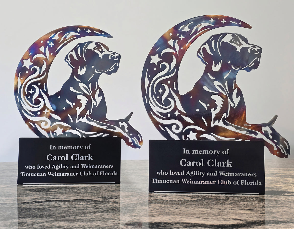 Dog-on-the-moon recognition plaque pair by Elite Metalworking