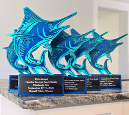 Blue marlin tournament trophies with engraved plates in three sizes by Elite Metalworking