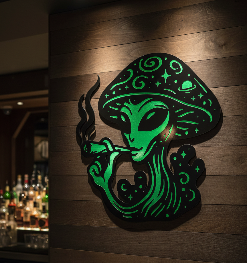 Glowing green alien design on a wooden wall