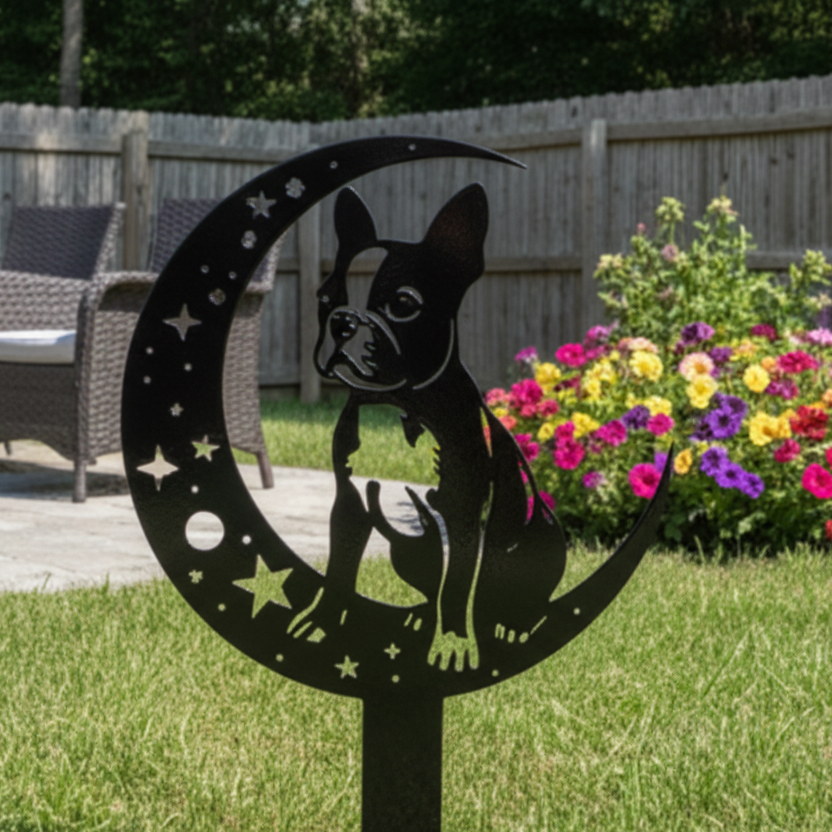 Decorative metal sign of a dog on a moon with stars, placed outdoors in a garden.