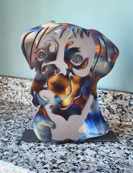 Freestanding metal dog portrait displayed on a tabletop base by Elite Metalworking