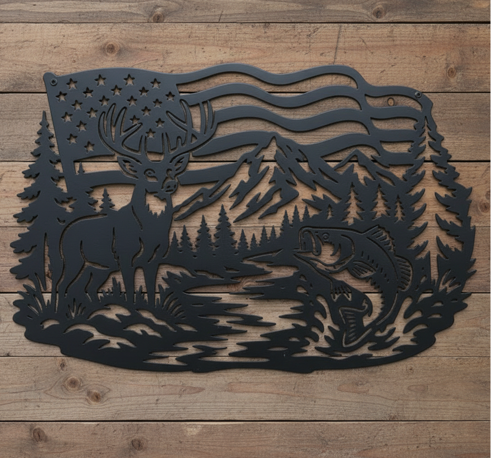 Black metal outdoor wall art featuring a deer, fish, trees, and a waving American flag, displayed against a wooden fence post in a grassy outdoor setting.