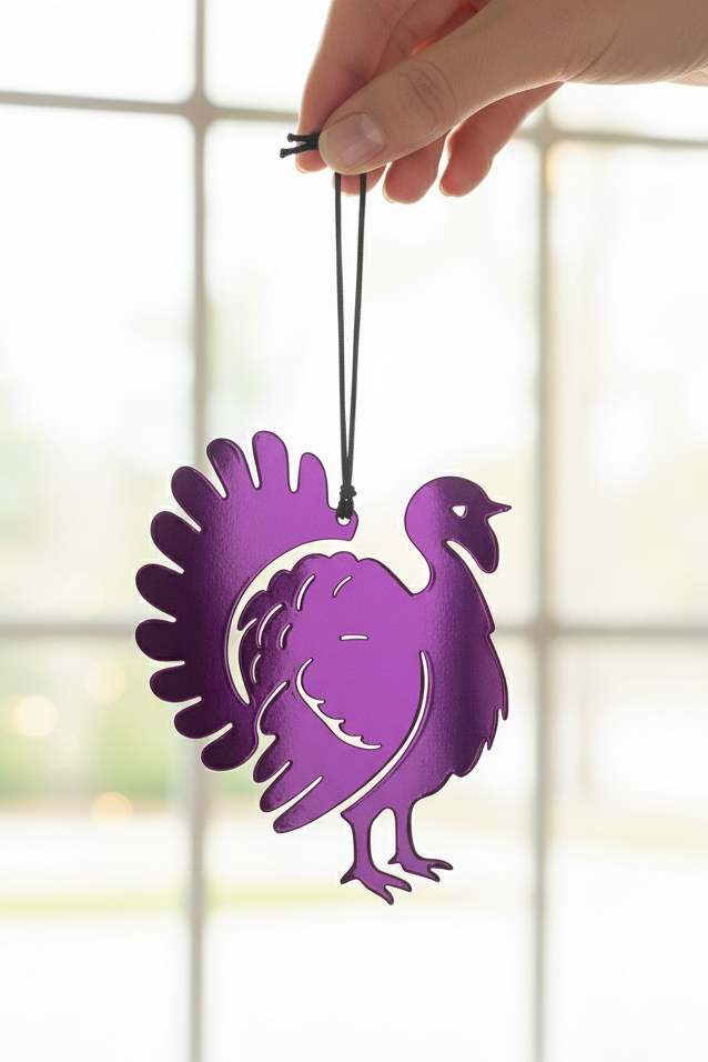 Purple turkey-shaped ornament hanging from a string against a blurred window background