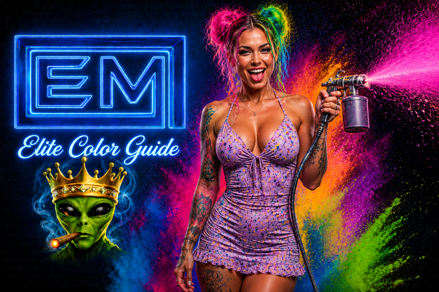 Elite Color Galaxy girl with colorful hair and spray gun, blue EM logo and crowned alien