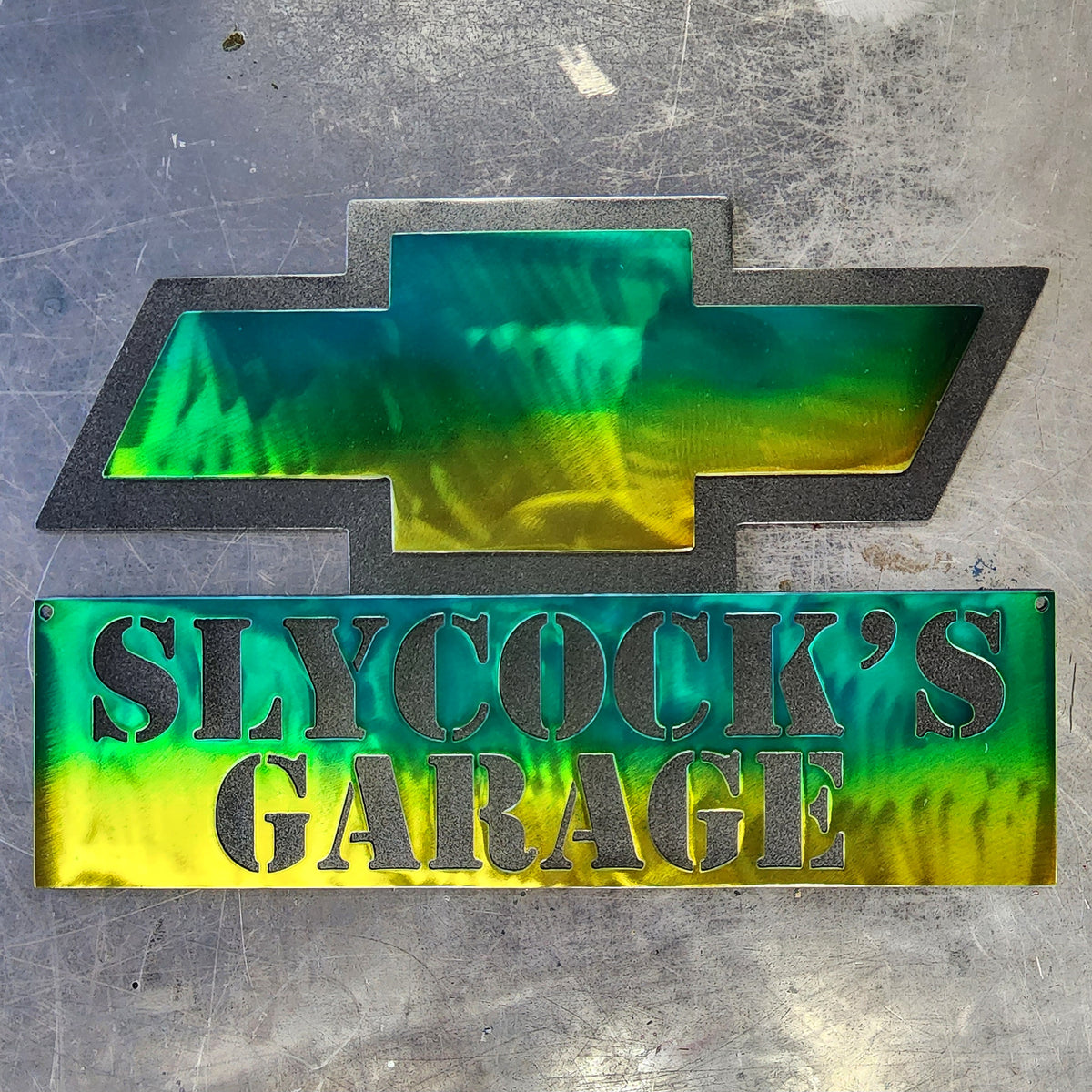 Slycocks Garage colored sign by Elite Metalworking