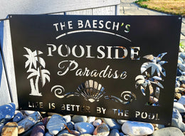 Personalized poolside sign with palm trees by Elite Metalworking