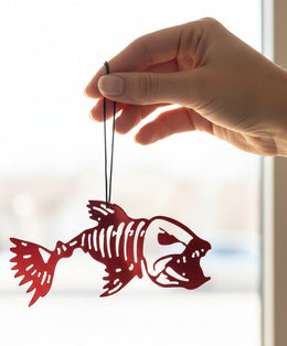 Hand holding a red fish skeleton decoration against a blurred indoor background