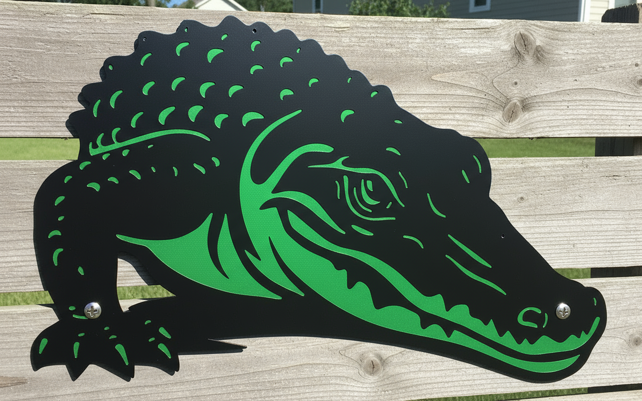 Green and black crocodile illustration on a white background