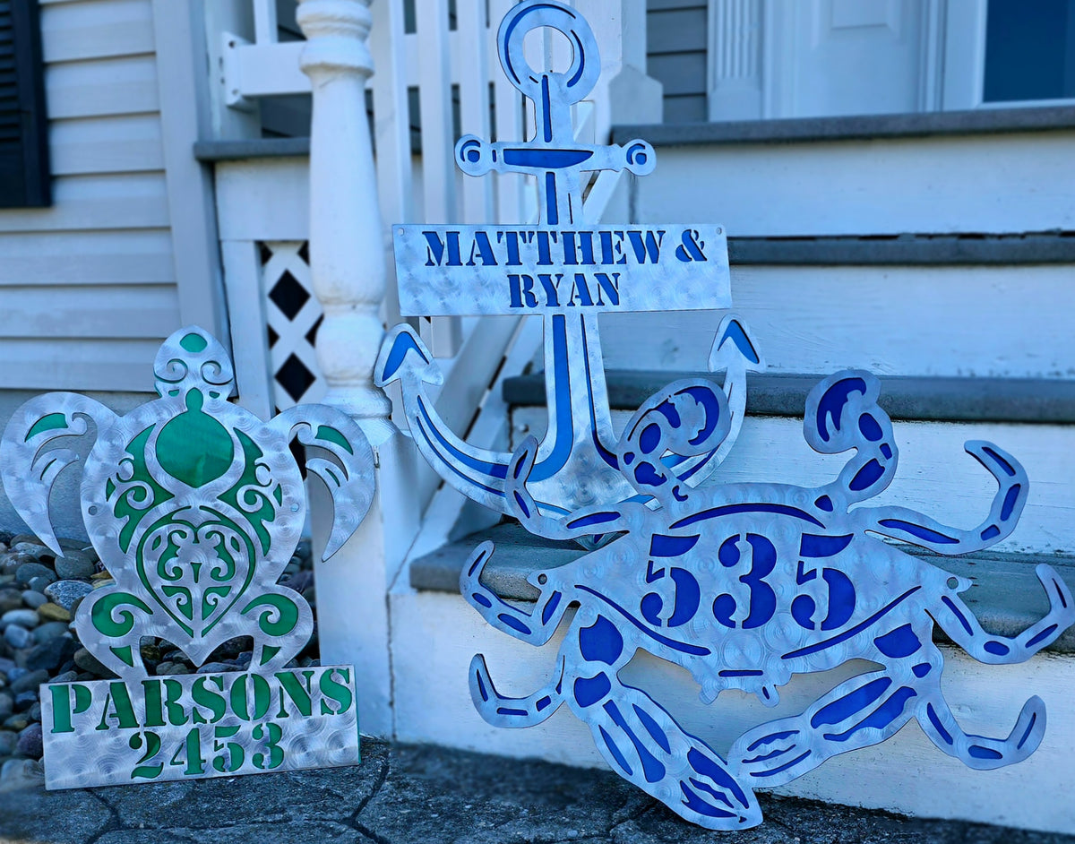 Personalized anchor and sea turtle signs by Elite Metalworking