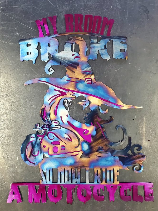 Motorcycle witch design with custom wording by Elite Metalworking
