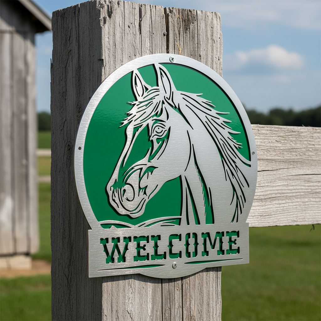 Decorative sign with a horse illustration and 'WELCOME' text on a green background